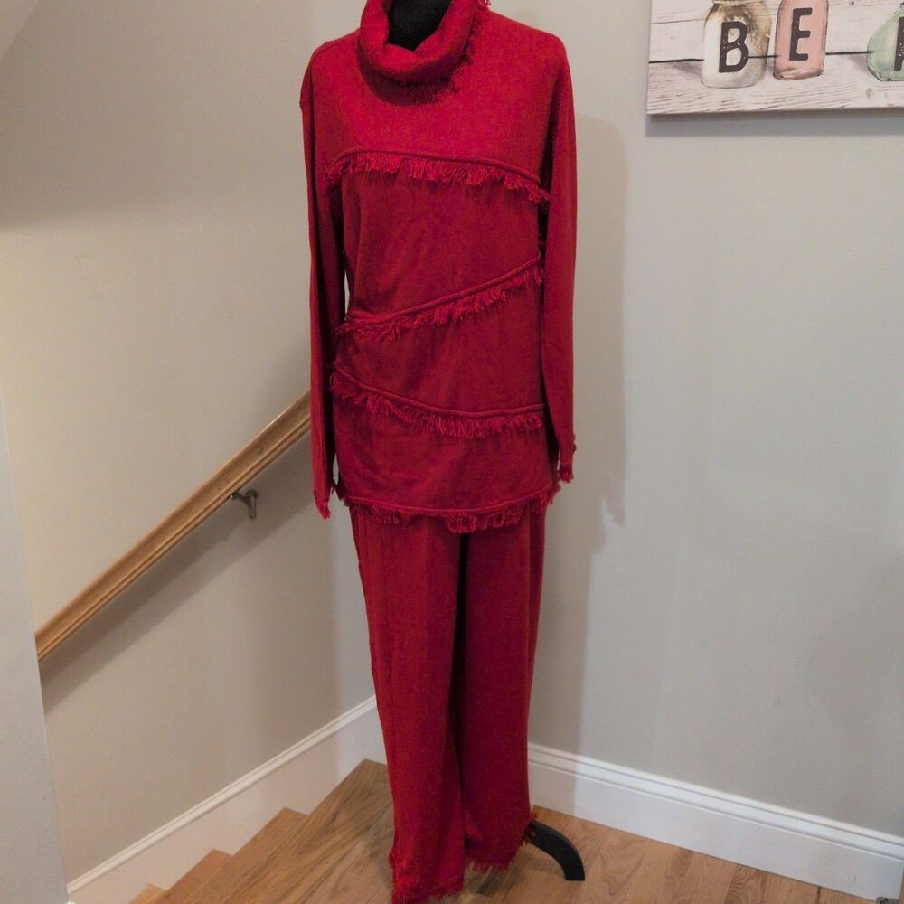Vintage Blushe by Spiegel Red Knit Cowl Neck Fringe Sweater & Matching Pants Set
